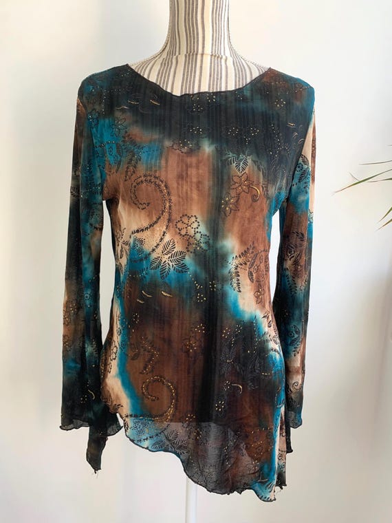 Vintage 90s Floral Sheer Tulle Overlay Top Long Flare Sleeves L XL Brown Blue Gold Asymmetrical Mesh Blouse Stretchy Y2K Transparent Clothes