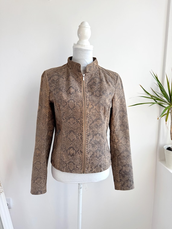 Vintage Y2K Goosecraft Real Leather Jacket Women's Size M, Taupe Brown Snakeskin Print Moto Biker Jacket, High Neck Stand Collar Zip Up Coat