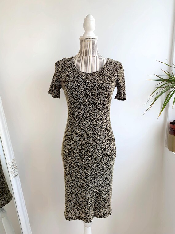 Black Beige Lace Dress Size S Vintage 90s Y2K Slim Fit Bodycon Mini Dress Stretchy Prom Cocktail Party Tight Short Gown Short Sheer Sleeve