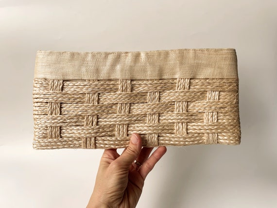 Vintage Cream Beige Straw Clutch Wallet, Small Woven Sisal Handbag, Summer Rattan Clutch Purse, Basket Weave Jute Clutch Bag, Raffia Purse