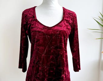 Y2K Crushed Velvet Top Women's Size M L, Burgundy Red Velvet Blouse, Shimmer Stretchy Velour Top, Vintage 90s Metallic Glitter Party Shirt