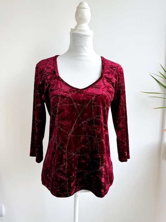 Y2K Crushed Velvet Top Women's Size M L, Burgundy Red Velvet Blouse, Shimmer Stretchy Velour Top, Vintage 90s Metallic Glitter Party Shirt