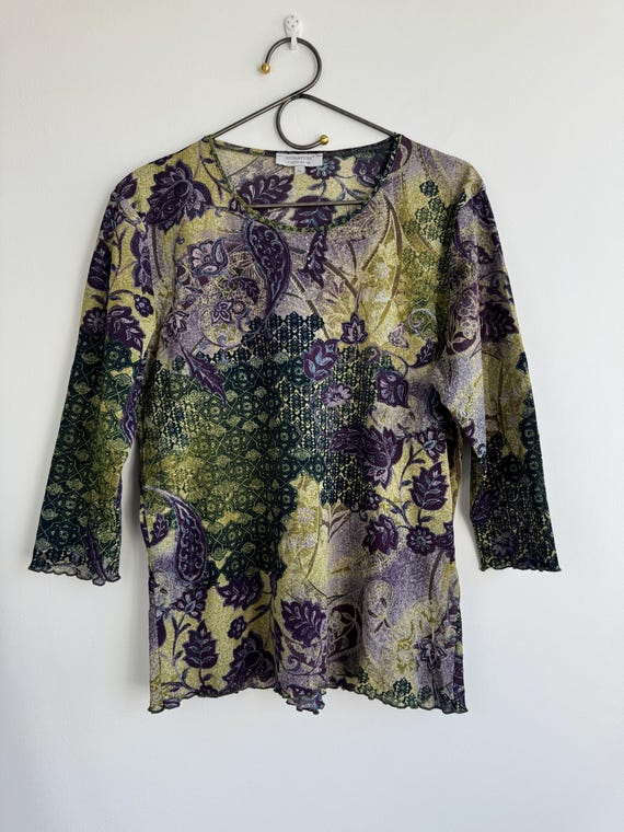 Vintage Y2K Paisley Mesh Top, Boho Floral Tunic Blouse Womens XL, Purple Green Lettuce Hem Stretchy Top, Sheer Top Signature Experience
