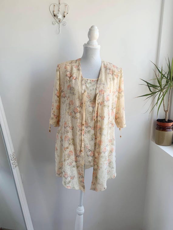 Vintage 90s Pale Yellow Floral Short Sleeve Blazer Tank Top Sleeveless Blouse Two Piece Set Women's Size XL Light Sheer Summer Cotton Set
