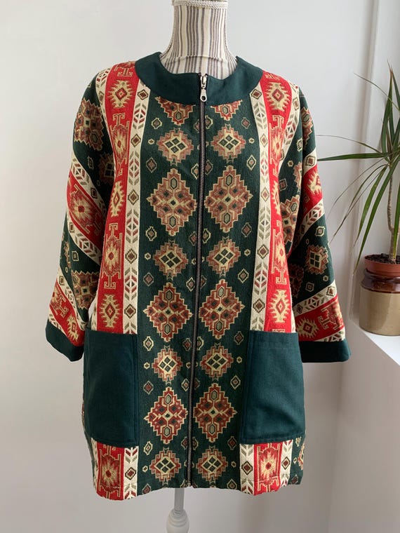 Vintage Boho Hippie Tapestry Jacket for Women Size XL, Green Red Gold Gobelin Blazer, Upholstery Fabric Jacquard Coat, Oversized Outerwear