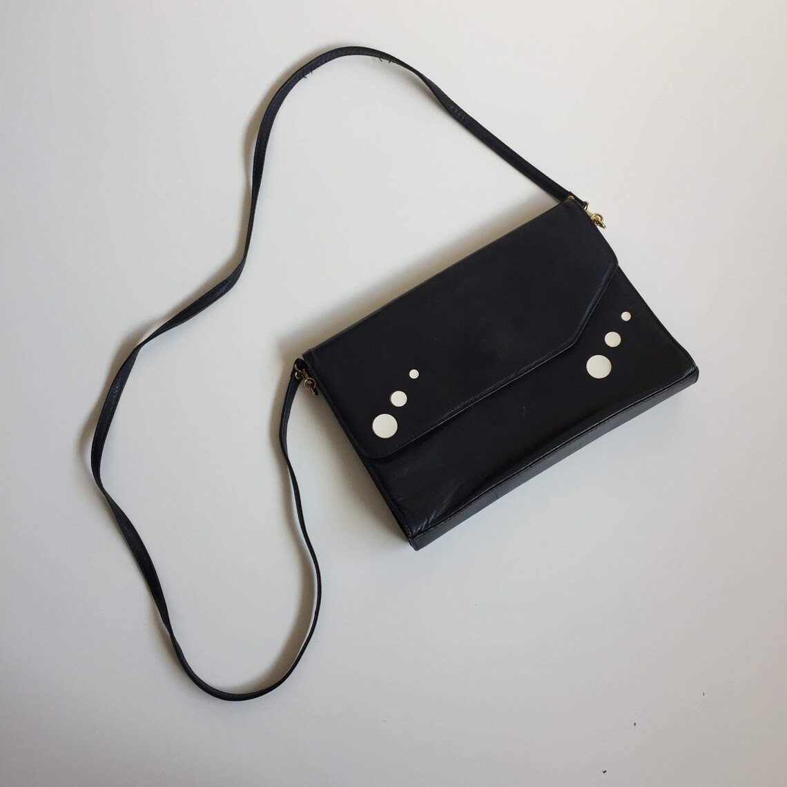Navy Blue Slim Leather Purse, 80s Clutch Wallet, Genuine Leather Crossbody Bag, Structured Handbag, Shoulder Purse, Vintage Clutch, foto 3 di 5