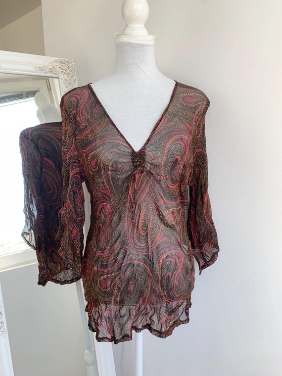 Vintage Promiss Paisley Blouse Size L, Bohemian 90s Y2K Mesh Grunge Top, Sheer Brown and Red Patterned Shirt, V Neck Bell Sleeve Blouse