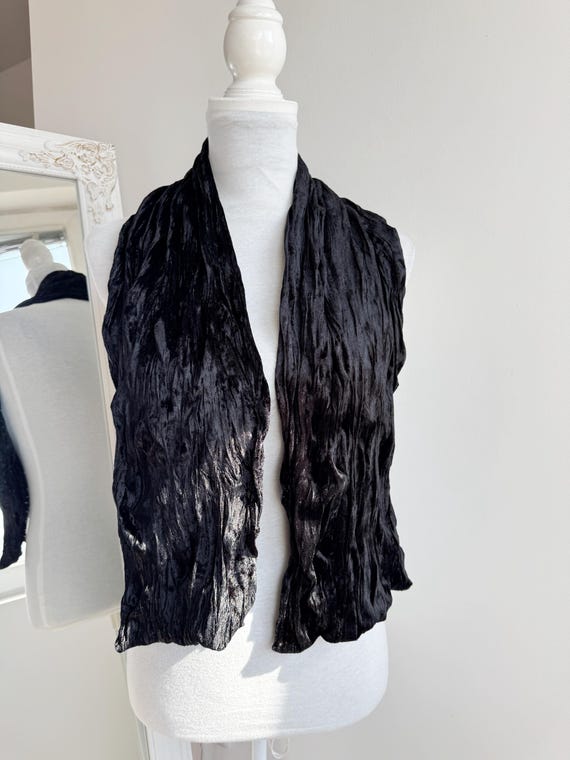 Vintage Black Crinkle Velvet Neck Scarf, Elegant Art Deco Evening Wrap, 90s Gothic Chic Long Narrow Scarf, Retro Wrinkle Texture Party Stole