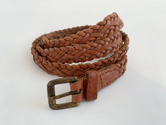 Brown Leather Belt for Women 100 cm/ 39", Braided Skinny Belt, Thin Waist Belt, Vintage 90s Slim Cinch Belt, Genuine Leather Waist Cincher
