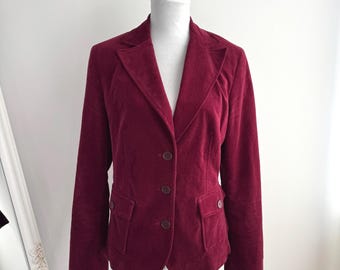 Vintage Y2K Burgundy Cotton Corduroy Blazer for Women Size EU 40 M, Spring Fall Casual Fitted Velvet Jacket, Slim Fit Velveteen Cropped Coat