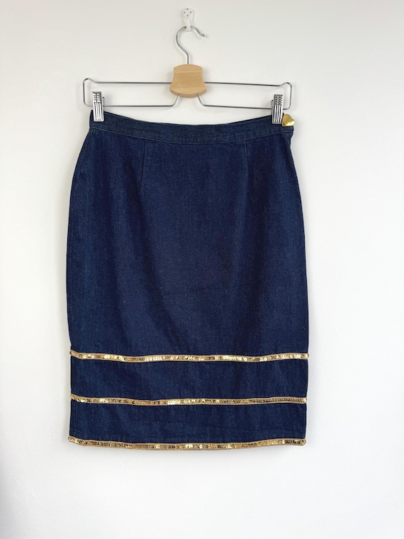 Vintage Cristina Santandrea Italian Denim Pencil Skirt Gold Sequin Trim, Dark Wash Jean Skirt Made in Italy, High Waist Midi Skirt Size S