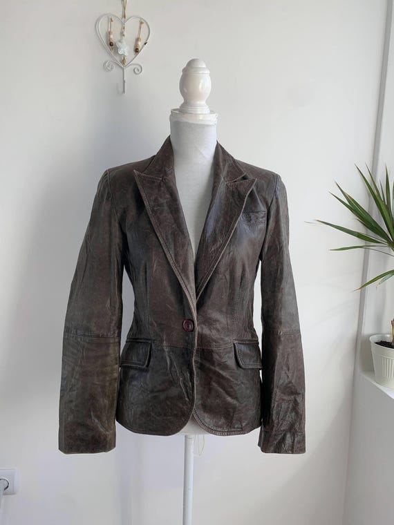 Vintage Y2K Women's Heavily Distressed Leather Jacket S M, Taupe Button Up Collared Leather Blazer, Khaki Brown Grunge Real Leather Coat