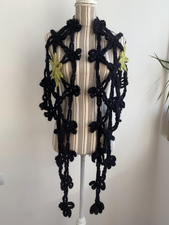 Jumbo Flower Scarf, Chunky Crochet Shawl, Floral Knit Long Scarf, Bohemian Cover Up, Unique Gift, Black Shoulder Wrap, Open Work Lace Shrug