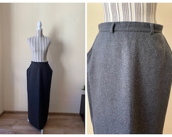 Vintage Grey Wool Maxi Skirt Size 38 M L, Long Formal Back Split Skirt, 90s Minimalist Straight Wool Skirt, Longline Skirt With Side Pockets