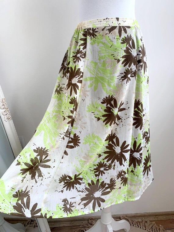 Vintage Green Brown Y2K Skirt Size S, Crinkle Tulle Skirt, Textured Floral Midi Skirt, Whimsical Sheer Grunge Chiffon Skirt Elastic Waist