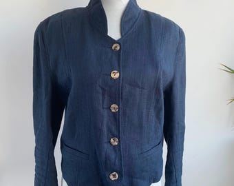 Vintage Bitte Kai Rand Navy Blue Linen Blazer, 90s Minimalist Short Linen Jacket, Retro Stand-Up Mandarin Collar, Natural Buttons, Size M