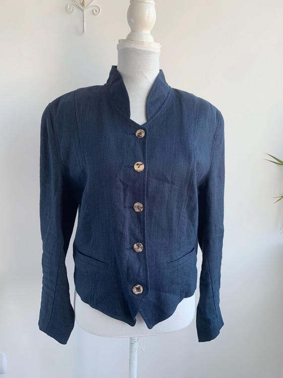 Vintage Bitte Kai Rand Navy Blue Linen Blazer, 90s Minimalist Short Linen Jacket, Retro Stand-Up Mandarin Collar, Natural Buttons, Size M