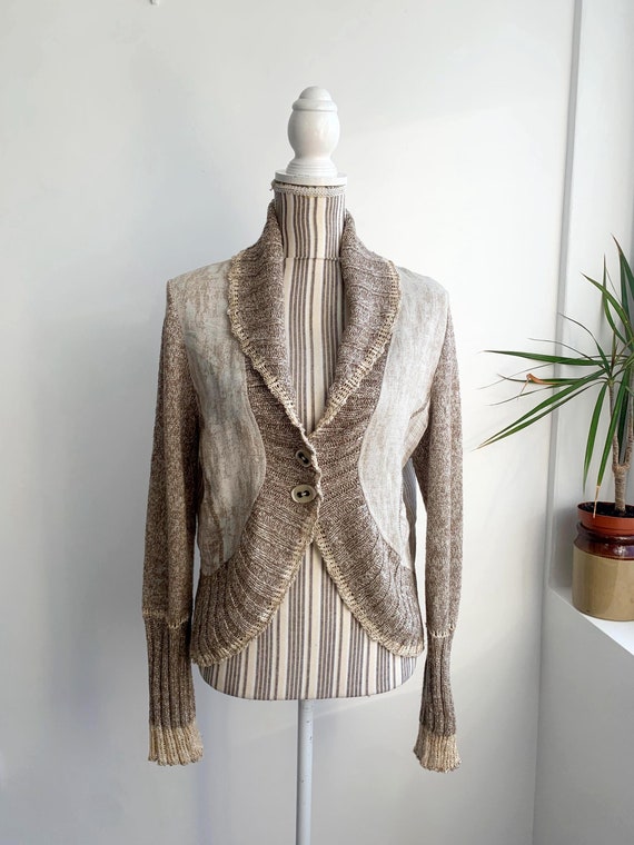 Vintage Cream Beige Linen Bolero Jacket Size M, Linen Cotton Blazer for Women, Long Knit Sleeve Cropped Linen Coat, Summer Linen Cardigan