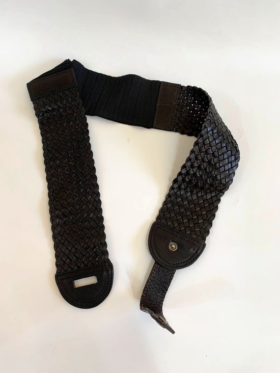 Vintage 90s Elastic Black Cinch Belt, Woven Leath… - image 10