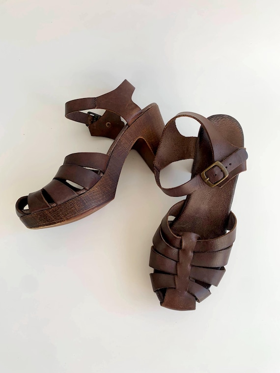 70s Wooden Clogs for Women Size EUR 38/ UK 5/ US 7.5, Real Leather Brown Vintage Clog Sandals, Closed Toe High Heel Mules, Retro Sabot Shoes