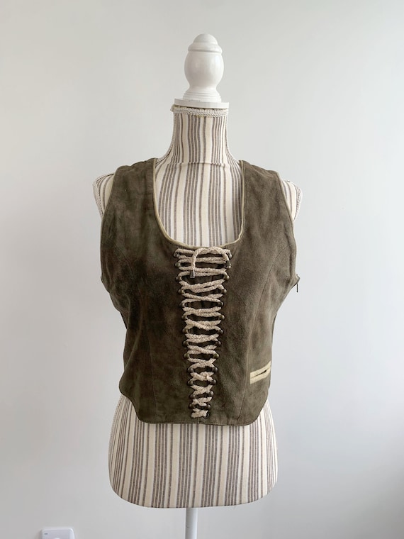 Vintage Khaki Green Leather Corset Size M L, Boho Suede Vest, Lace Up Corset Bustier, Dirndl Corset Vest, Cropped Bodice, Leather Waistcoat