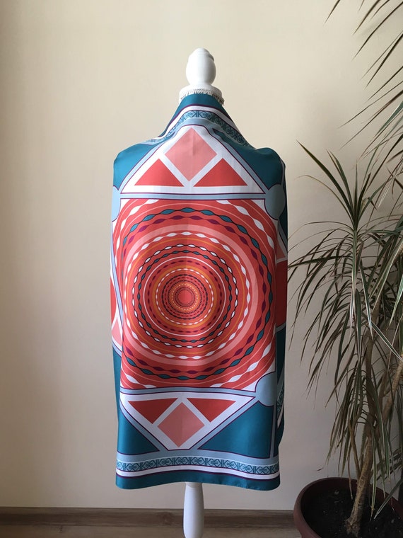 Bright Colorful Vintage Shawl, Geometric Print Large Square Scarf, Vibrant Peach Orange Teal Blue Mandala Scarf, Colorblock Boho Shawl