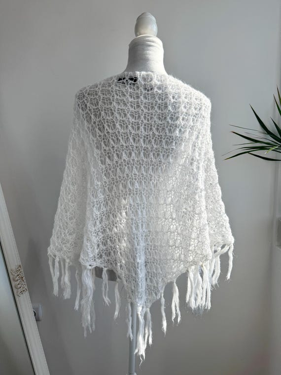 Vintage White Crochet Shawl with Silver Glitter Lame, Boho Fringe Evening Wrap, Sparkly Knitted Lace Bridal Stole, Openwork Soft Knit Scarf
