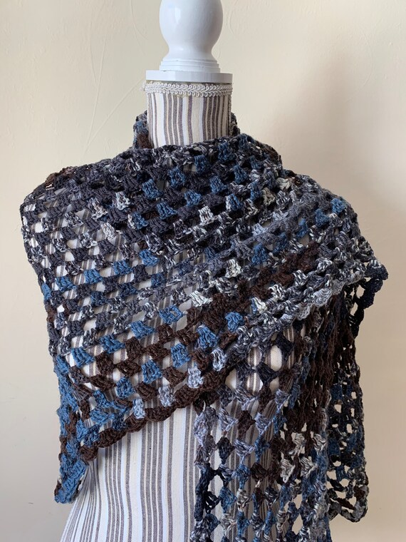 Melange Lace Crochet Shawl in Shades of Blue, Grey, Brown and Beige, Vintage Fishnet Shoulder Wrap, Mesh Piano Shawl, Sheer Triangle Scarf