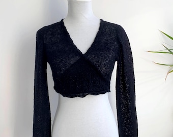 Black Mohair Wool Silver Lurex Bolero Wrap Top Size S, Vintage Y2K Long Sleeve Cropped Knit Cardigan, Goth Balletcore Lace Shrug Sweater