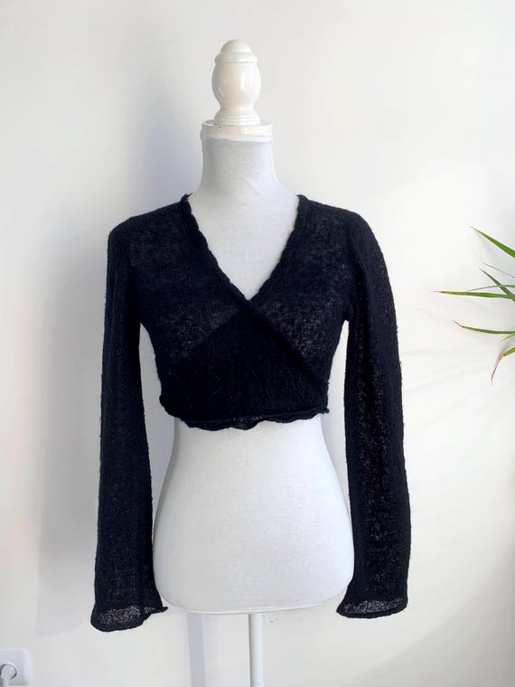 Black Mohair Wool Silver Lurex Bolero Wrap Top Size S, Vintage Y2K Long Sleeve Cropped Knit Cardigan, Goth Balletcore Lace Shrug Sweater
