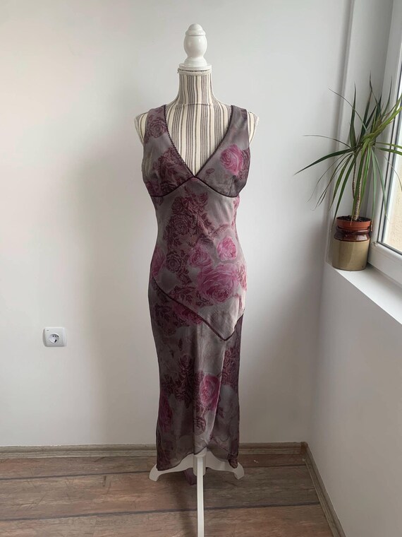 Vintage Chiffon Floral Maxi Dress Size M, Long Asymmetrical Maxi Dress, Sleeveless Evening Gown, Deep V Neck Slip Dress, Fitted Grunge Dress