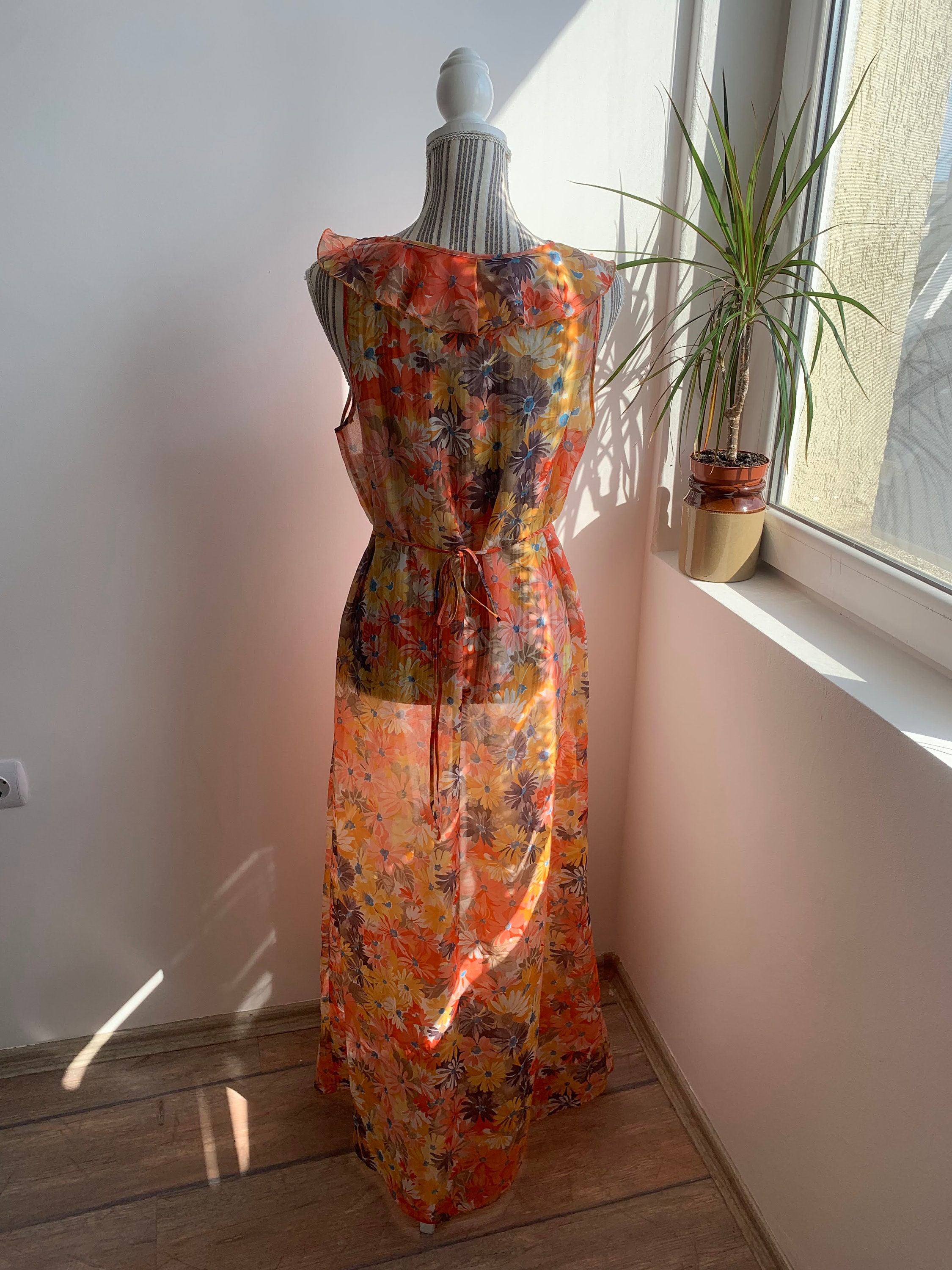 Vintage 70s Psychedelic Floral Maxi Dress, Sheer Long Vintage 70s Psychedelic Floral Maxi Dress, Sheer Long