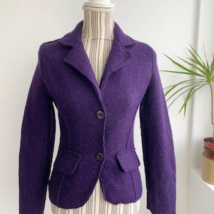 Purple Pure Wool Sweater Blazer for Women Size XS S, Vintage Tweed Boucle Cropped Coat, Warm Wool Blazer Jacket, Fitted Tailored Sports Coat