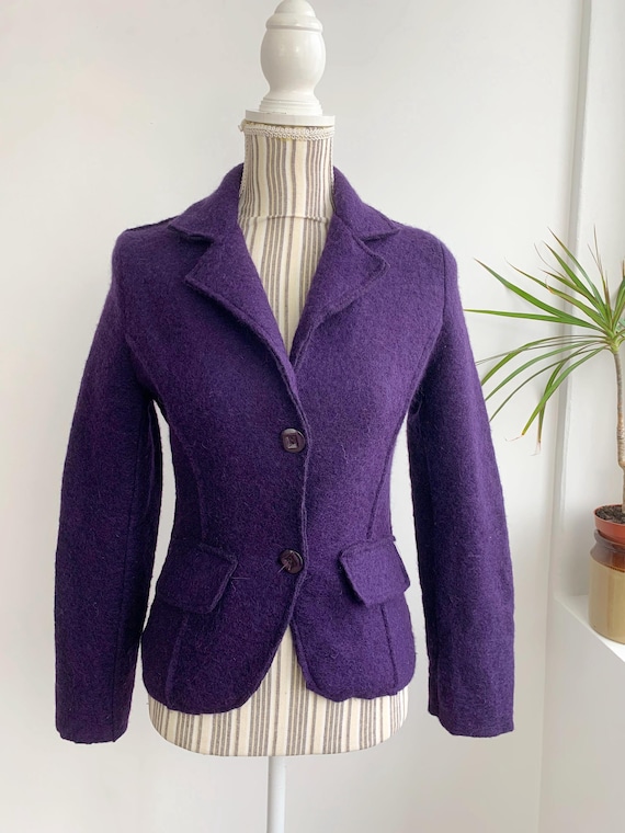 Purple Pure Wool Sweater Blazer for Women Size XS S, Vintage Tweed Boucle Cropped Coat, Warm Wool Blazer Jacket, Fitted Tailored Sports Coat