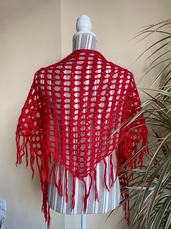 Vintage Handmade Soft Mohair Crochet Wool Shawl, Sheer Fishnet Red Triangle Shawl, Bright Cottagcore Mesh Autumn Bohemian Frnged Scarf