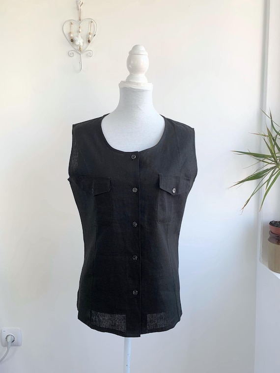 Sleeveless Black Linen Top for Women Size M, Vintage 90s Cotton Blend Button Down Shirt, Button Up Summer Blouse With Pockets, Casual Vest