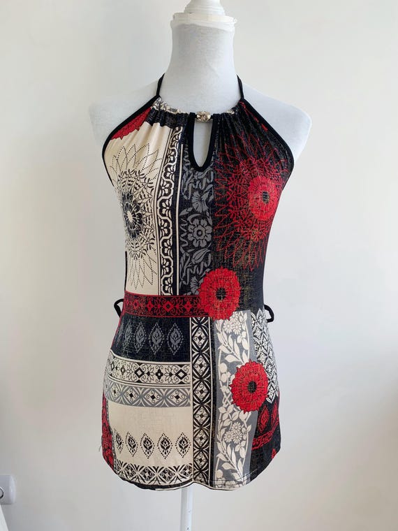 Vintage 90s Halter Top Size S M, Bellani Collection Paris Y2K Geometric Floral Patchwork Print Sleeveless Blouse, Stretchy Open Back Top
