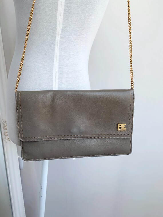 Real Leather Taupe Envelope Clutch, Gold Chain Strap Evening Handbag, Vintage 80s Minimalist Slim Shoulder Purse, Brown Grey Retro Wallet
