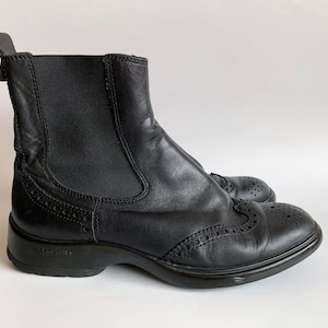 Vintage Samsonite zwarte lederen gevechtslaarzen voor dames maat 38 EUR UK 5 US 7, chelsea boots platte vleugeltip, lage winter enkellaarsjes