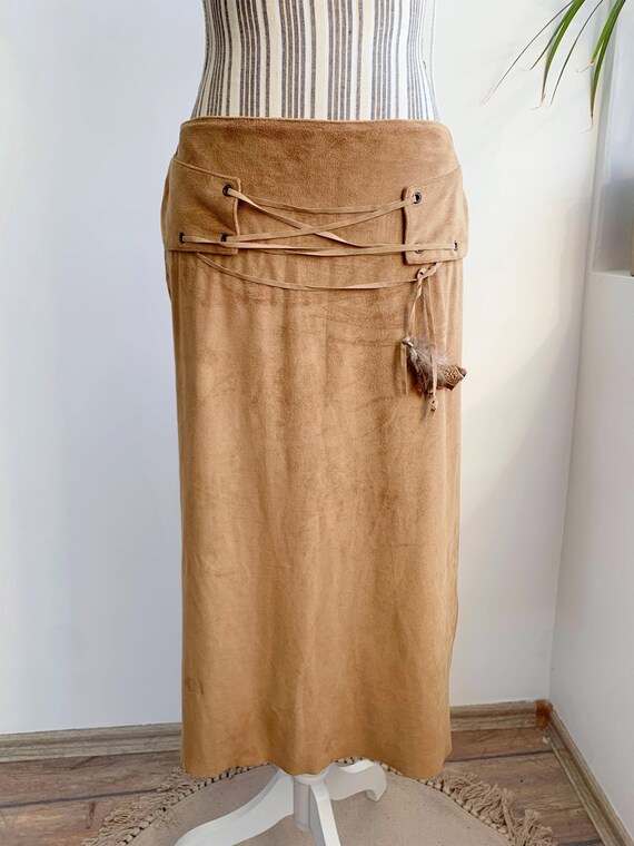 Camel Brown Velour Midi Skirt for Women Size M, Vintage 90s Y2K Boho Western Side Skit Stretchy Skirt, Lace Up Mid Calf Plush Grunge Skirt