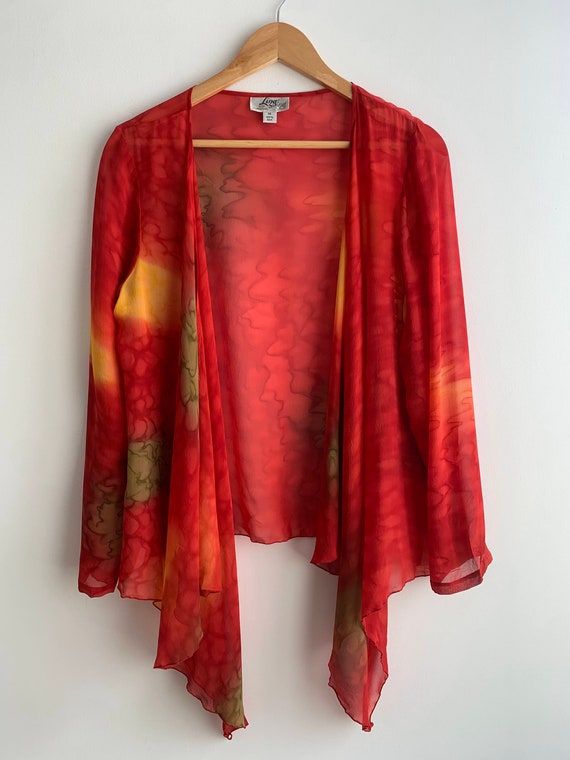 Red Yellow Tie Dye Open Front Silk Cardigan, Sheer Asymmetrical Tie Front Top Blouse, Boho Style Loose Bolero Wrap, See Through Light Jacket