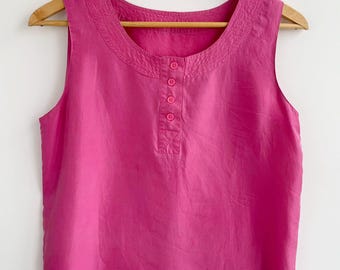 Vintage Silk Summer Top Size L, Bright Pink Silk Tank Top for Women, Pure Silk Sleeveless Top, Lightweight Silk Shirt, Loose Silk Blouse