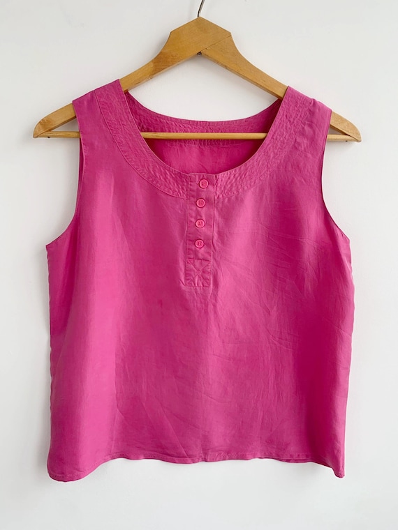 Vintage Silk Summer Top Size L, Bright Pink Silk Tank Top for Women, Pure Silk Sleeveless Top, Lightweight Silk Shirt, Loose Silk Blouse