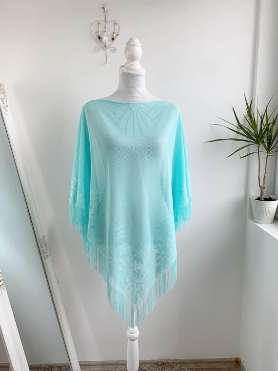 Vintage Y2K Light Blue Sheer Poncho, See Through Shoulder Cape, Fringed Cape Topper, Long Asymmetrical Cover Up, Tulle Lace Shawl Wrap