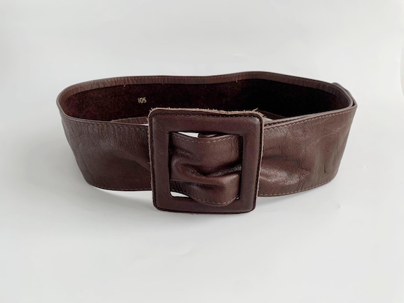 Vintage 80s Wide Brown Statement Belt 105 cm 41", Oversized Leather Wrapped Square Buckle Waist Belt, Soft Genuine Leather Boho Cinch Belt