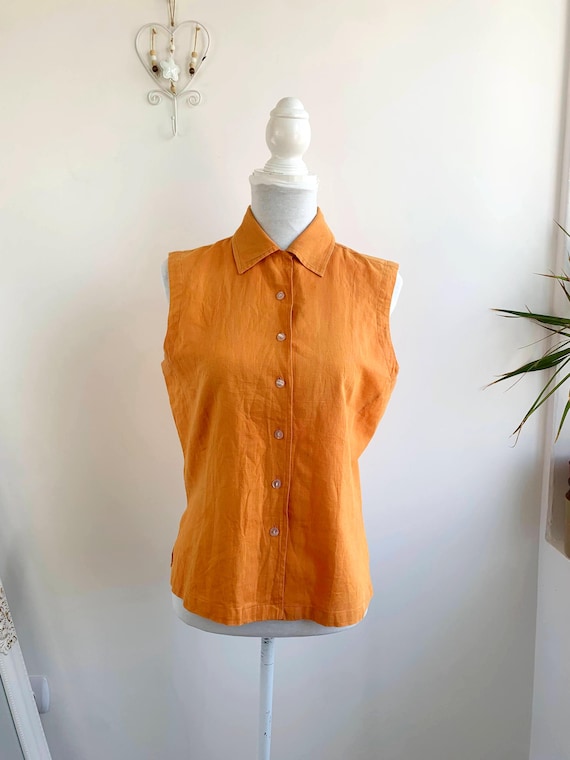 Sleeveless Orange Linen Top for Women Size M, 90s Collared Button Down Shirt, Casual Cotton Summer Blouse, Vintage Sustainable Fashion Gift