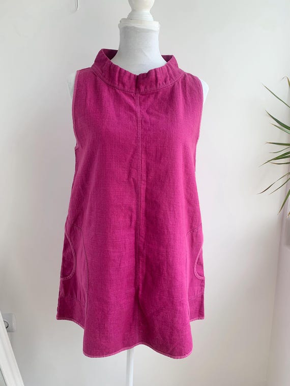 Y2K Fuchsia Linen Cotton Tunic Top Women Size S, Vintage Longline Linen Top, Sleeves Relaxed A Line Shirt, Summer Linen Tunic With Pockets