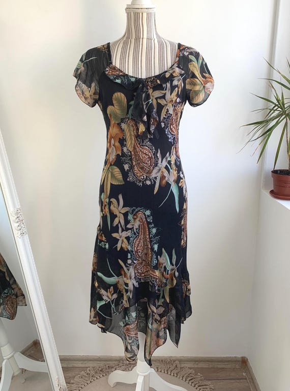 Vintage 90s Black Paisley Floral Short Sleeve Midi Dress Size S M, Y2K Summer Sheer Dress with Lining, Elegant Romantic Asymmetrical Dress