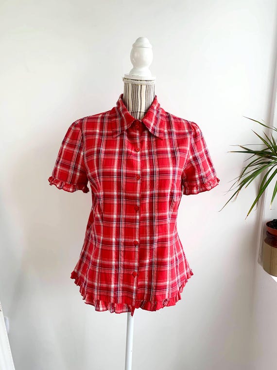 Vintage 100% Cotton Collared Button Up Shirt for Women Size M, Casual Red White Checkered Blouse, Ruffled Short Sleeve and Hem Plaid Y2K Top