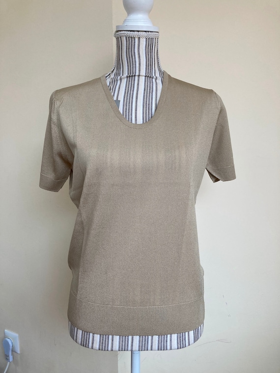 Champagne Beige Knitted Sweater, Short Sleeve Tricot Sweater, Vintage Loose Fit Elegant Pullover for Women, Metallic Taupe Fine Knit Blouse